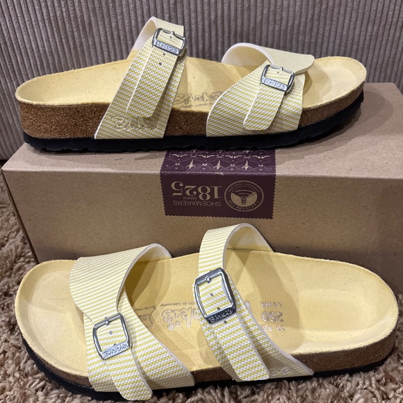 Birki's by Birkenstock Aziza Yellow & White Stripes Double Strap Slides Sandals - Picture 2 of 13